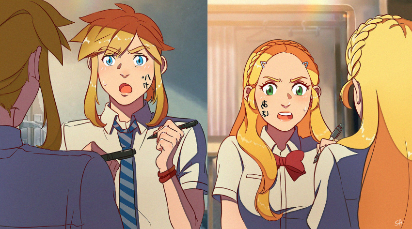 1boy, 1girl, :o, blonde_hair, blue_eyes, blush, bow, bowtie, bracelet, braid, breasts, comix_wave, crown_braid, green_eyes, grey_shirt, hair_ornament, hairclip, highres, holding, holding_pen, indoors, jewelry, kimi_no_na_wa., large_breasts, link, long_hair, necktie, nintendo, parody, pen, princess_zelda, red_bow, red_bowtie, shinkai_makoto_(style), shirt, short_sleeves, sidelocks, sony, striped_necktie, teeth, the_legend_of_zelda, the_legend_of_zelda:_breath_of_the_wild, toho_(film_company), translation_request, upper_teeth_only, ynartistic