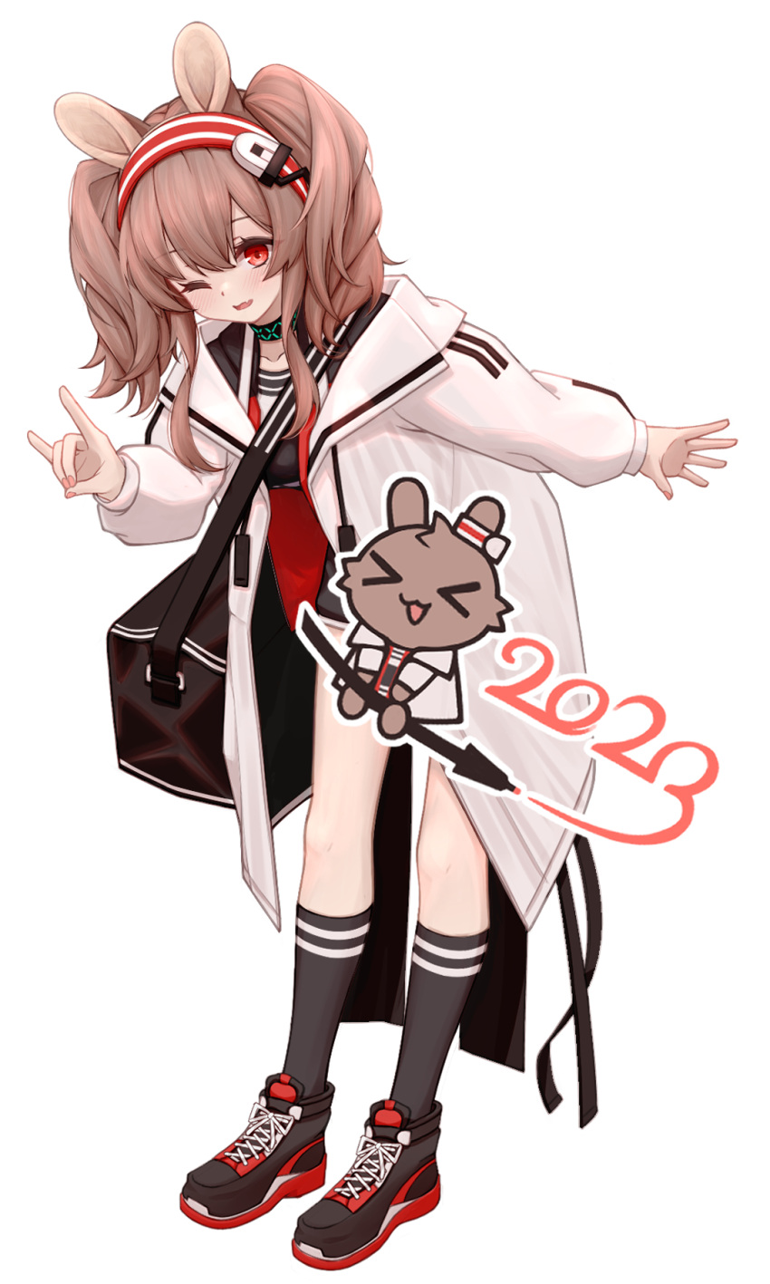 >_<, 1girl, 2023, :d, ;d, angelina_(arknights), animal_ears, arknights, black_footwear, black_shirt, black_skirt, black_socks, brown_hair, chibi, fang, grey_jacket, hairband, highres, jacket, leaning_forward, long_sleeves, lxjun_09, one_eye_closed, open_clothes, open_jacket, puffy_long_sleeves, puffy_sleeves, rabbit_ears, red_hairband, shirt, shoes, simple_background, skirt, smile, socks, solo, standing, striped, striped_hairband, twintails, white_background, xd