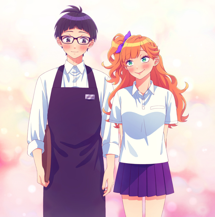 1boy, 1girl, apron, arms_behind_back, black_apron, black_hair, black_skirt, blush