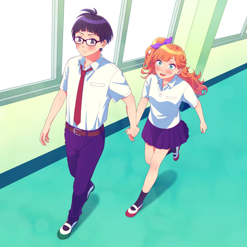 1boy, 1girl, black-framed_eyewear, black_hair, black_pants, black_socks, blue_eyes, blush