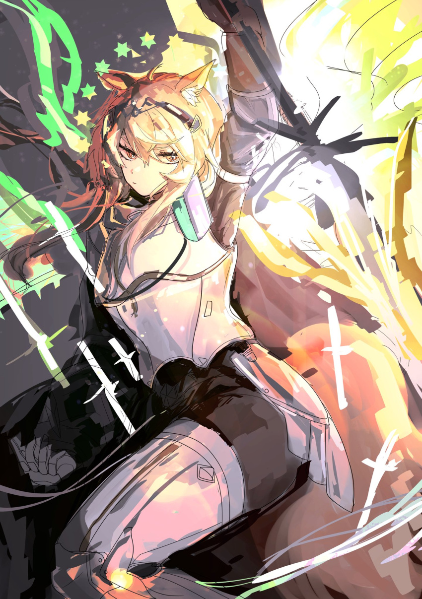 1girl, animal_ear_fluff, animal_ears, arknights, arm_up, armor, blonde_hair, chest_armor