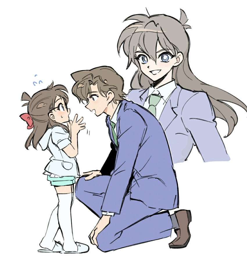 1boy, 1girl, aqua_shorts, blue_jacket, blue_pants, bow, brown_hair, child