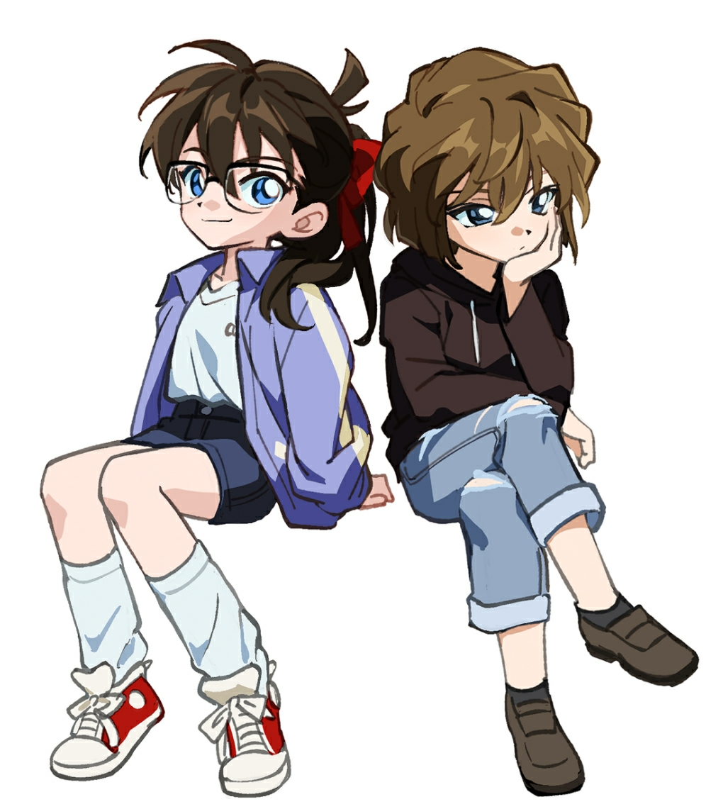 2girls, black_hair, black_hoodie, black_socks, blue_eyes, blue_jacket, blue_shorts, bob_cut
