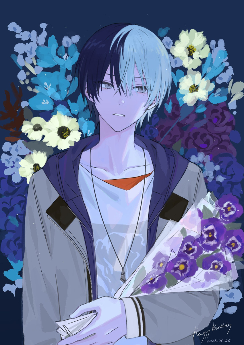1boy, aoyagi_touya, beni_tinn, blue_flower, blue_hair, bouquet, dark_blue_hair, dated, facing_viewer, floral_background, flower, grey_eyes, hair_between_eyes, happy_birthday, highres, holding, holding_bouquet, jacket, jewelry, long_sleeves, male_focus, mole, mole_under_eye, multicolored_hair, necklace, open_clothes, open_jacket, parted_lips, project_sekai, purple_flower, short_hair, sideways_glance, solo, split-color_hair, two-tone_hair, upper_body