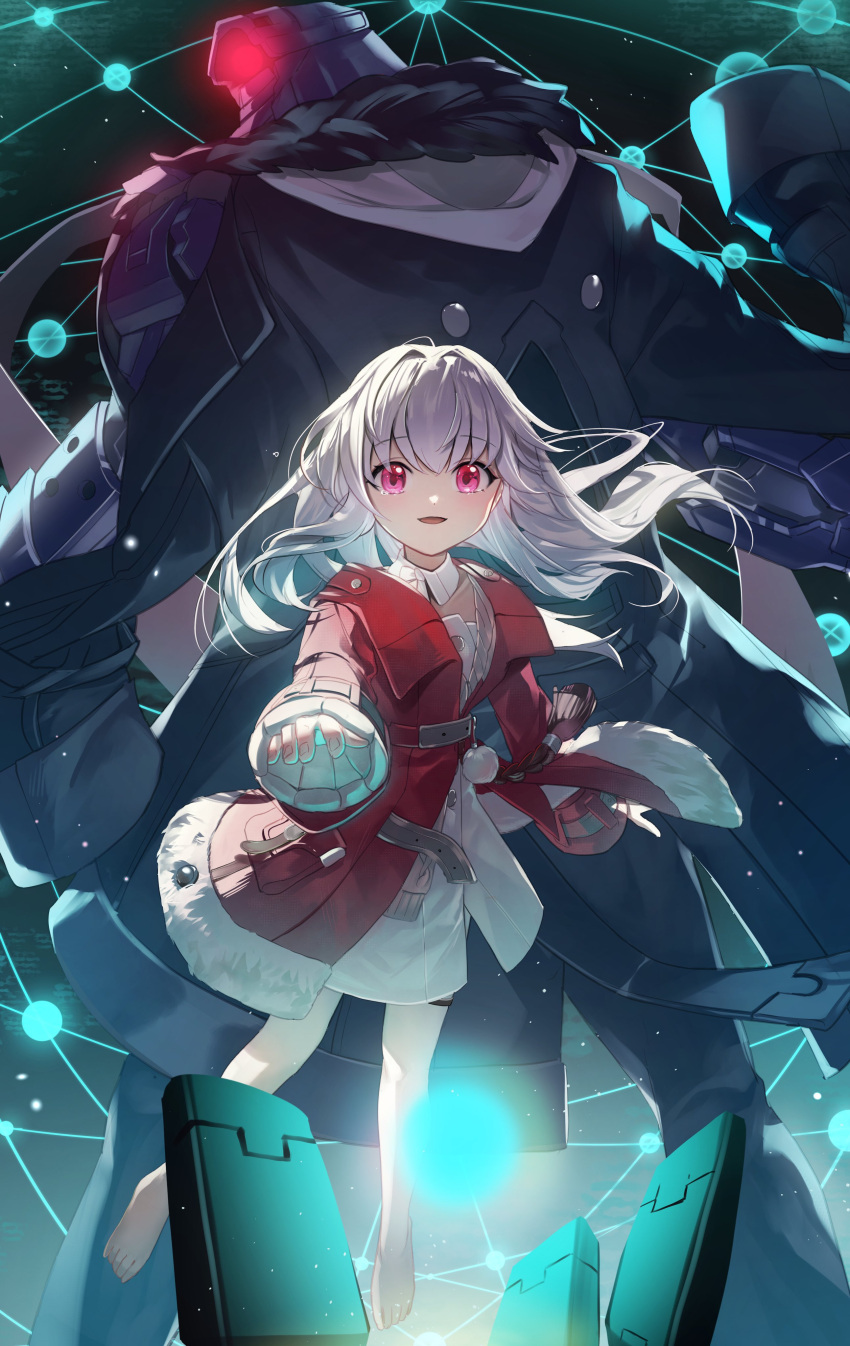 1boy, 1girl, absurdres, aqua_background, black_background, clara_(honkai:_star_rail), coat, floating, full_body, highres, honkai:_star_rail, honkai_(series), kamatoyu, long_hair, long_sleeves, looking_at_viewer, multicolored_background, open_mouth, outstretched_arm, pink_eyes, red_coat, robot, skirt, svarog_(honkai:_star_rail), thigh_strap, white_hair, white_skirt