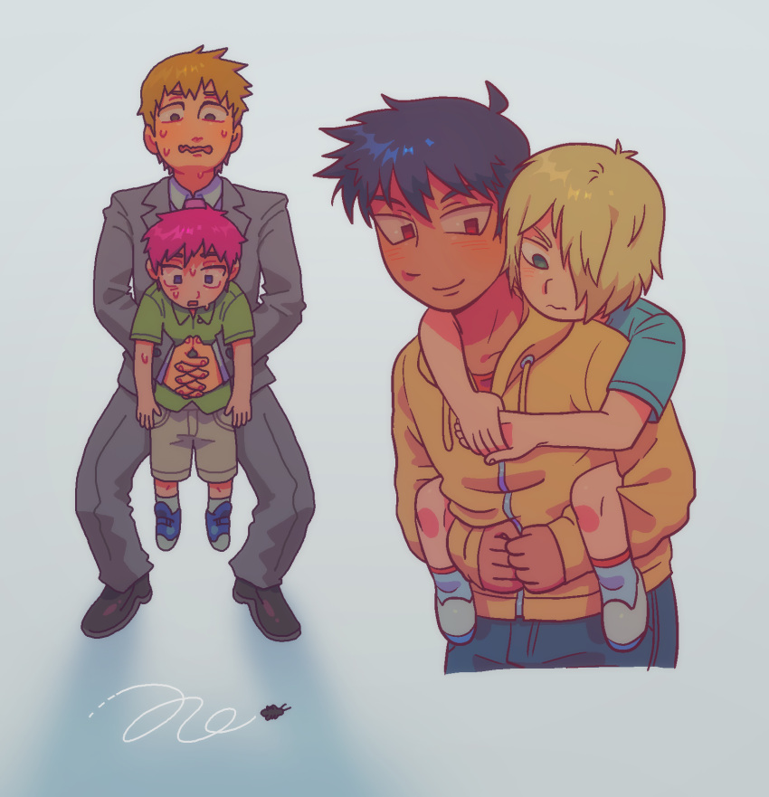 4boys, aged_down, alternate_universe, black_hair, blonde_hair, blue_eyes, blush, carrying