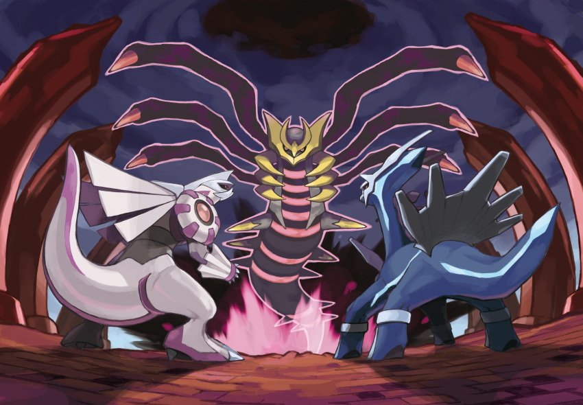 dialga, giratina, highres, no_humans, official_art, palkia, pokemon, pokemon_(creature)