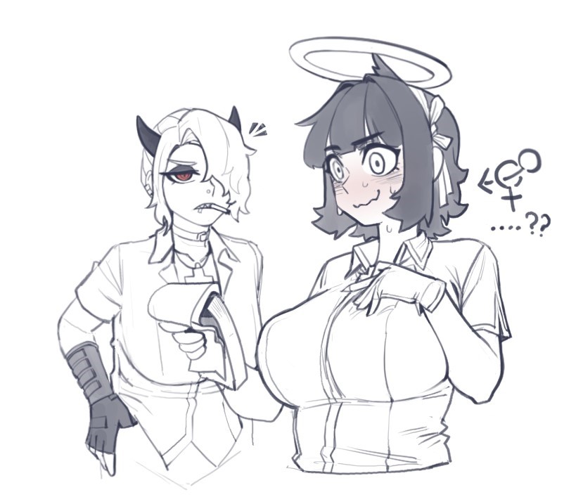 2girls, angel, azazel_(helltaker), blush, cross, curious, demon, demon_girl