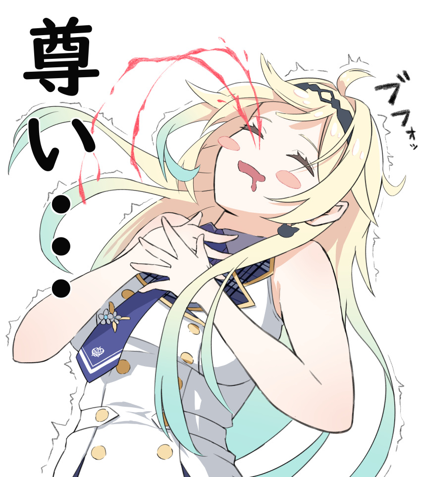 1girl, absurdres, aizawa_ema, bare_shoulders, black_hairband, blonde_hair, blood, blue_hair