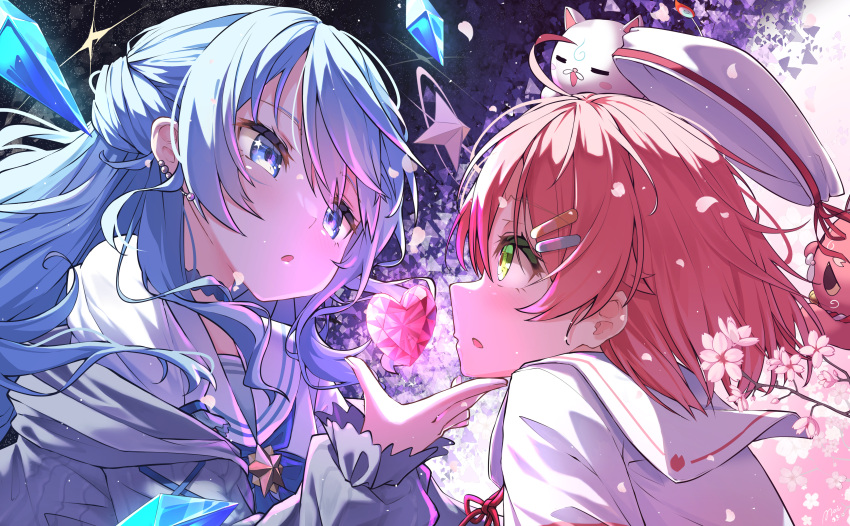 2girls, 35p_(sakura_miko), absurdres, ahoge, beret, blue_eyes, blue_hair, cardigan