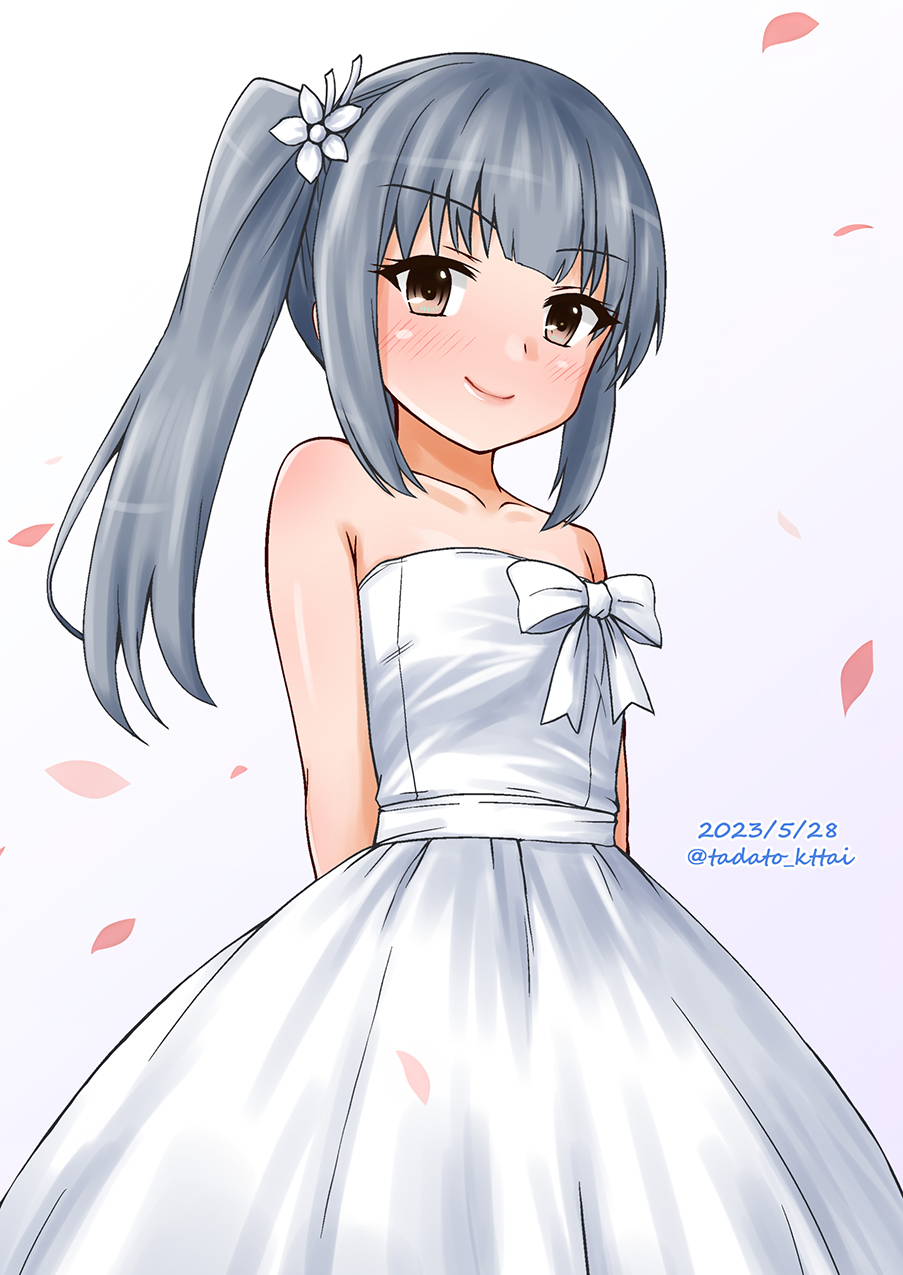 1girl, alternate_costume, arm_behind_back, bare_shoulders, brown_eyes, dated, flat_chest, flower
