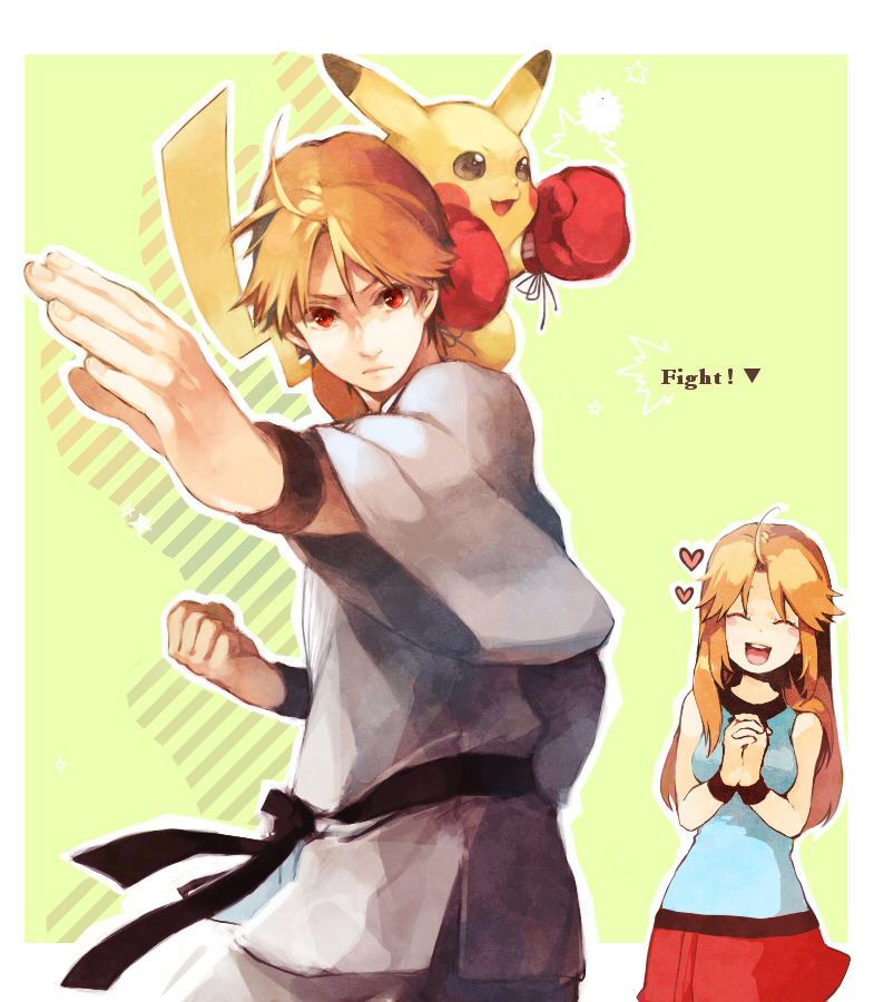 1boy, 1girl, :d, ^_^, ahoge, alternate_costume, alternate_hair_color, belt