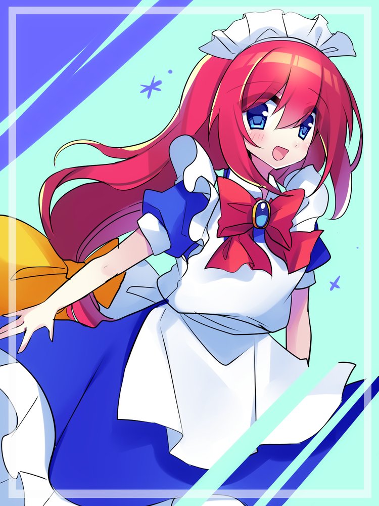 1girl, apron, blue_dress, blue_eyes, bow, bowtie, brooch, dress