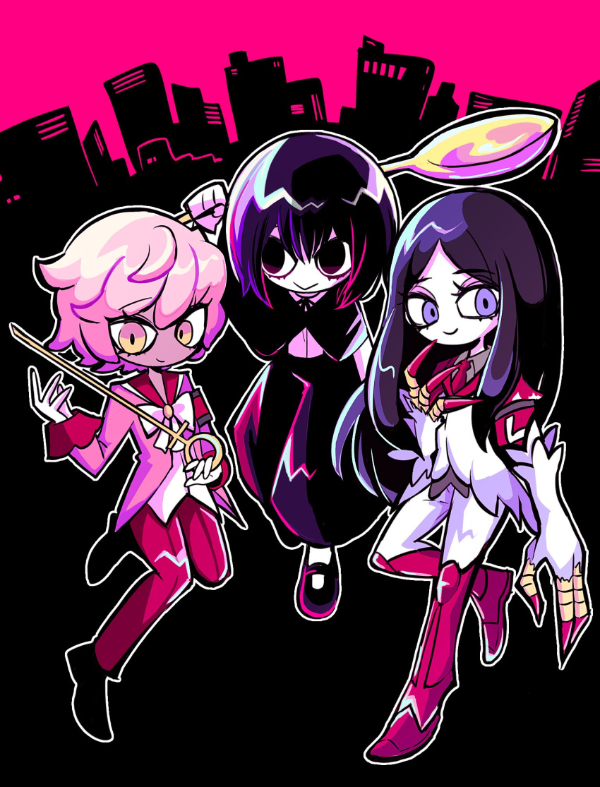 3others, :>, arm_up, armband, black_capelet, black_eyes, black_hair, black_ribbon