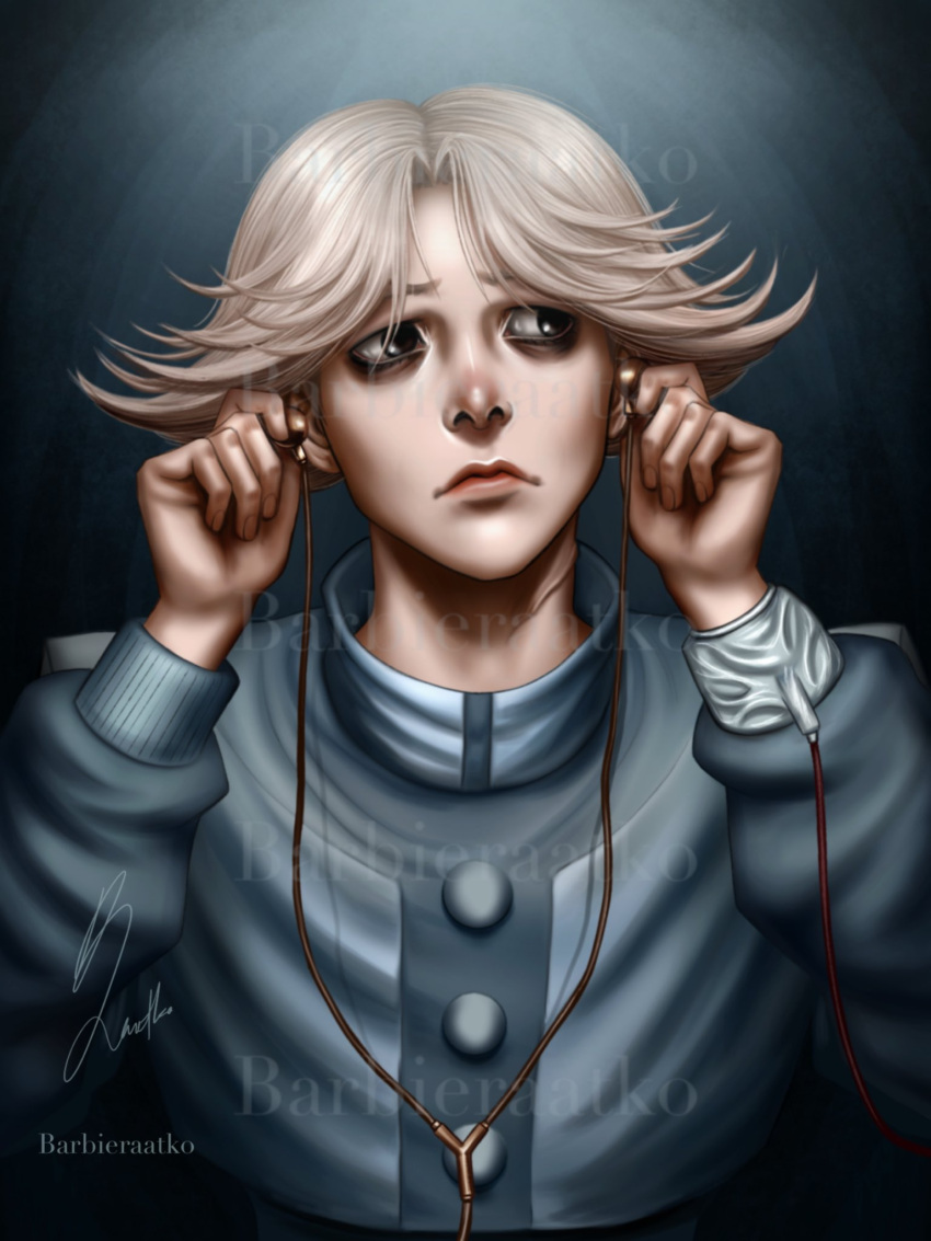 1boy, bags_under_eyes, barbieraatko, blonde_hair, blood, blue_jacket, earphones, highres