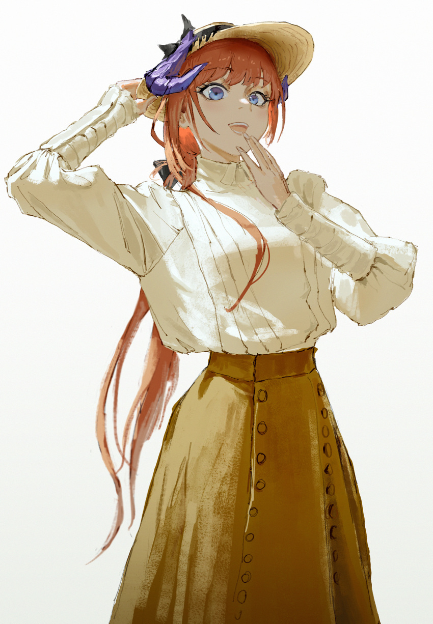 1girl, :d, absurdres, arknights, arm_up, bagpipe_(arknights), blue_eyes, breasts