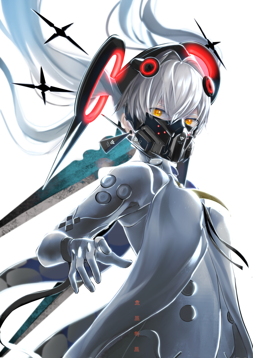 1girl, absurdres, black_mask, bodysuit, cross-shaped_pupils, earrings, floating, floating_hair_ornament