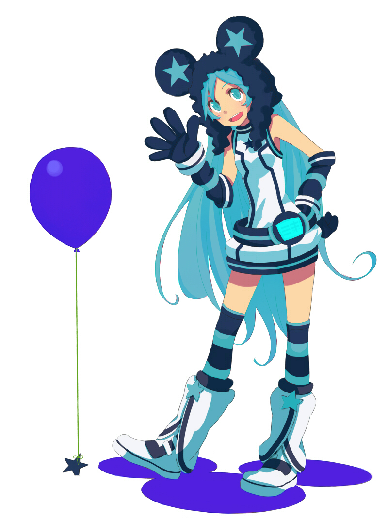 1girl, alternate_color, alternate_costume, animal_ears, baloon, blue, blue_eyes, blue_hair, full_body, girl, headphones, miki_(vocaloid), mouse_ears, sf-a2_miki, simple_background, solo, star_(symbol), vocaloid, white_background, white_dress