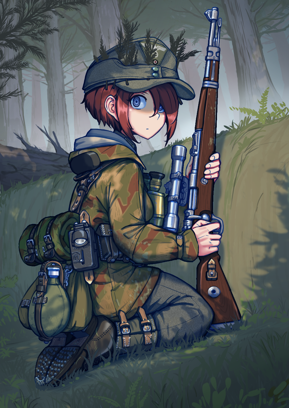 1girl, belt, binoculars, bolt_action, boots, brown_hair, buckle, camouflage