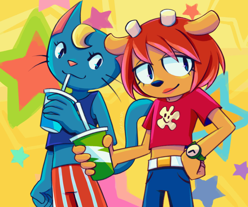 2girls, animal_ears, animated, animated_gif, blonde_hair, blue_fur, blue_pants, blue_shirt, cat, cat_ears, cat_girl, cat_tail, daycolors, furry, furry_female, highres, horns, katy_kat, lammy_(um_jammer_lammy), multiple_girls, orange_fur, pants, parappa_the_rapper, red_shirt, redhead, shirt, soda, sony, star_(symbol), striped, striped_pants, tail, um_jammer_lammy, whiskers