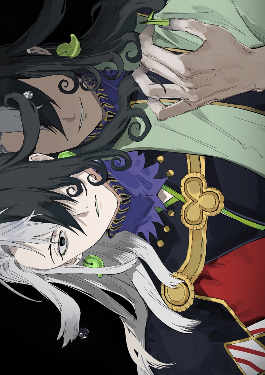 1boy, asamayy01, ashiya_douman_(fate), asymmetrical_clothes, asymmetrical_hair, bell, black_eyes, black_hair