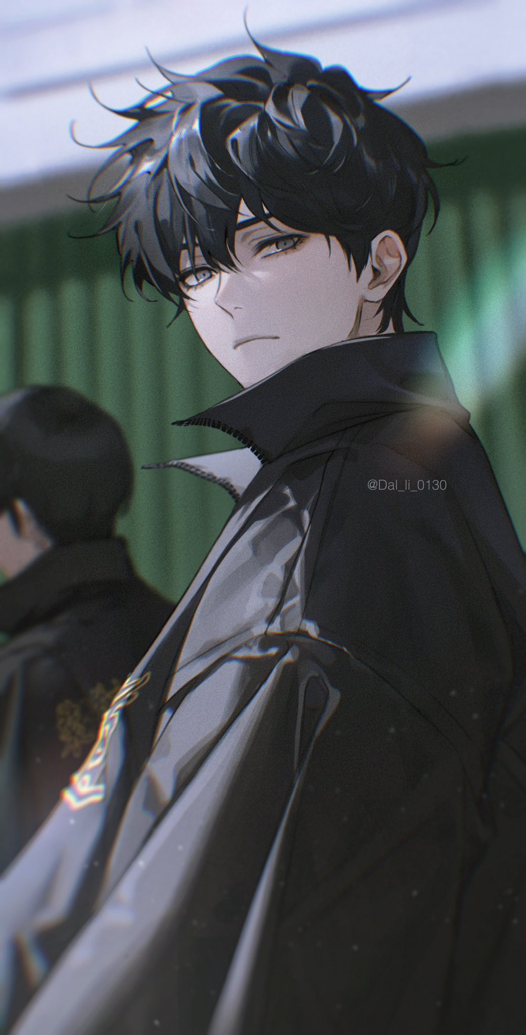 2boys, black_hair, black_jacket, dal_li_0130, grey_eyes, highres, jacket, looking_at_viewer