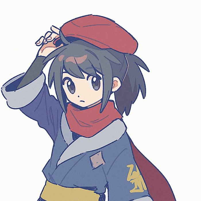1boy, black_eyes, black_hair, blue_kimono, cabbie_hat, chinese_commentary, commentary_request, hand_up