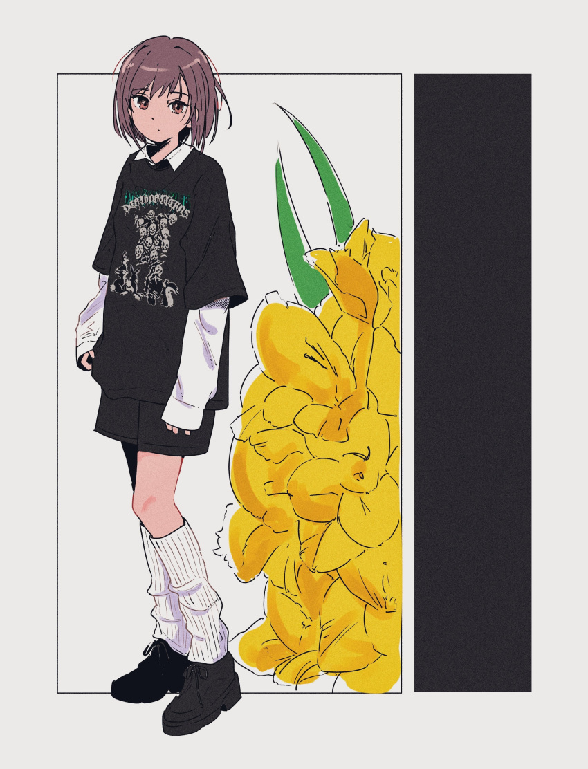 0507_tuyuri, 1girl, absurdres, black_footwear, black_shirt, black_shorts, brown_eyes, brown_hair, flower, full_body, highres, looking_at_viewer, medium_hair, project_sekai, shinonome_ena, shirt, shoes, shorts, sidelocks, sleeves_past_wrists, socks, solo, sweater, sweater_under_shirt, white_socks, white_sweater, yellow_flower