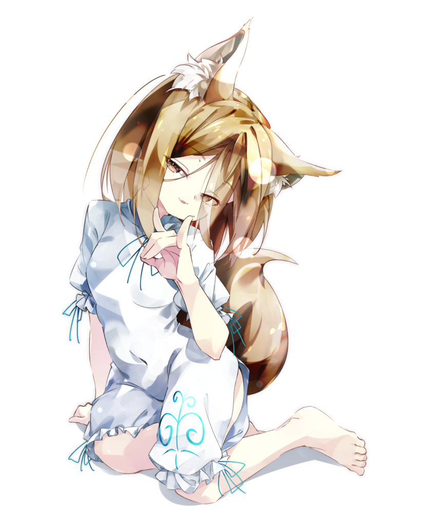 1girl, :d, animal_ear_fluff, animal_ears, barefoot, breasts, brown_eyes, fox_ears