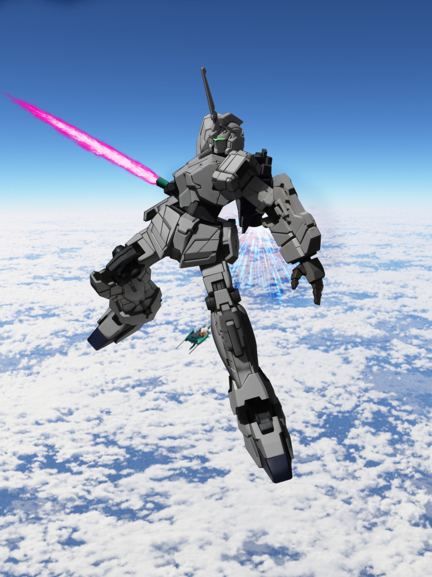 3d, aircraft, anksha, beam_cannon, beam_saber, blue_sky, clouds, commentary_request
