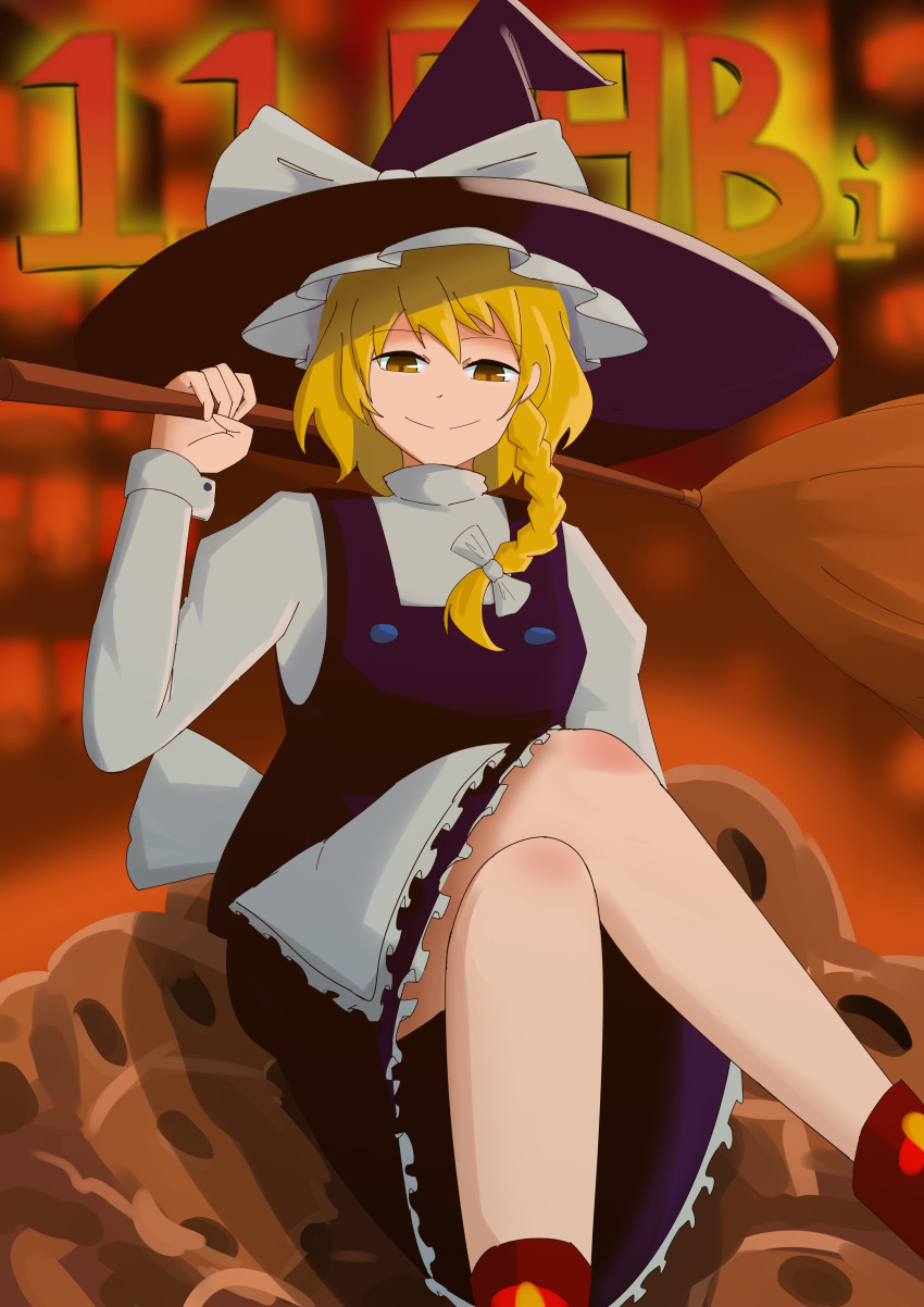1girl, absurdres, blonde_hair, bow, braid, broom, building, commentary