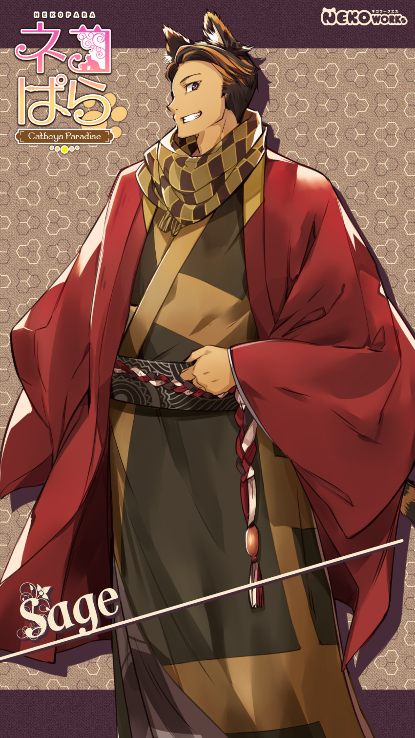1boy, animal_ear_fluff, animal_ears, brown_hair, cat_boy, cat_ears, cat_tail, character_name