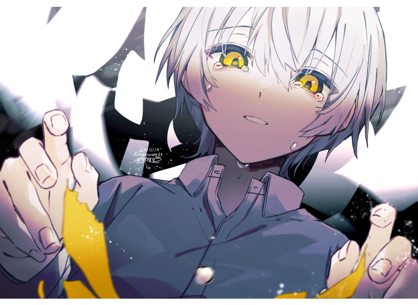 1boy, black_background, border, collared_shirt, crying, crying_with_eyes_open, daifuku_mame_(kageroudt33), facing_viewer