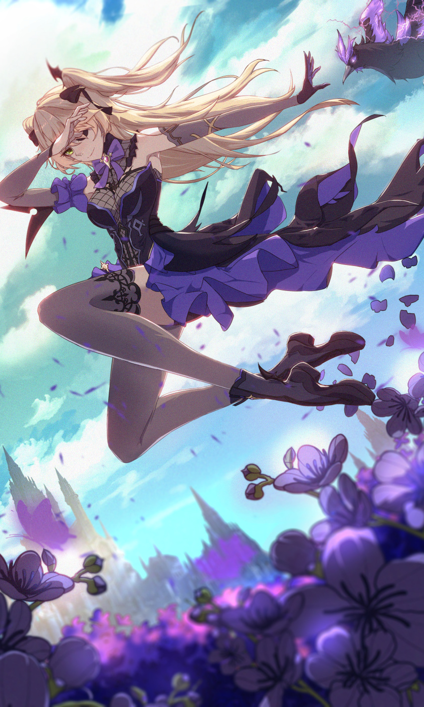 1girl, absurdres, bare_shoulders, bat_ornament, bird, black_footwear, black_ribbon, blonde_hair, blue_sky, bodystocking, bodystocking_under_clothes, boots, bow, bowtie, breasts, bridal_gauntlets, bug, butterfly, castle, chuunibyou, clouds, cloudy_sky, collar, crow, day, eyepatch, falling_petals, field, fischl_(genshin_impact), flower, flower_field, genshin_impact, gloves, green_eyes, hair_over_one_eye, hair_ribbon, high_heels, highres, kaka_cathenal, leotard, long_hair, looking_at_viewer, medium_breasts, oz_(genshin_impact), petals, purple_bow, purple_bowtie, purple_butterfly, purple_flower, purple_ribbon, ribbon, single_bridal_gauntlet, single_glove, single_leg_pantyhose, single_sleeve, single_thighhigh, sky, smile, solo, tailcoat, thigh-highs, two_side_up