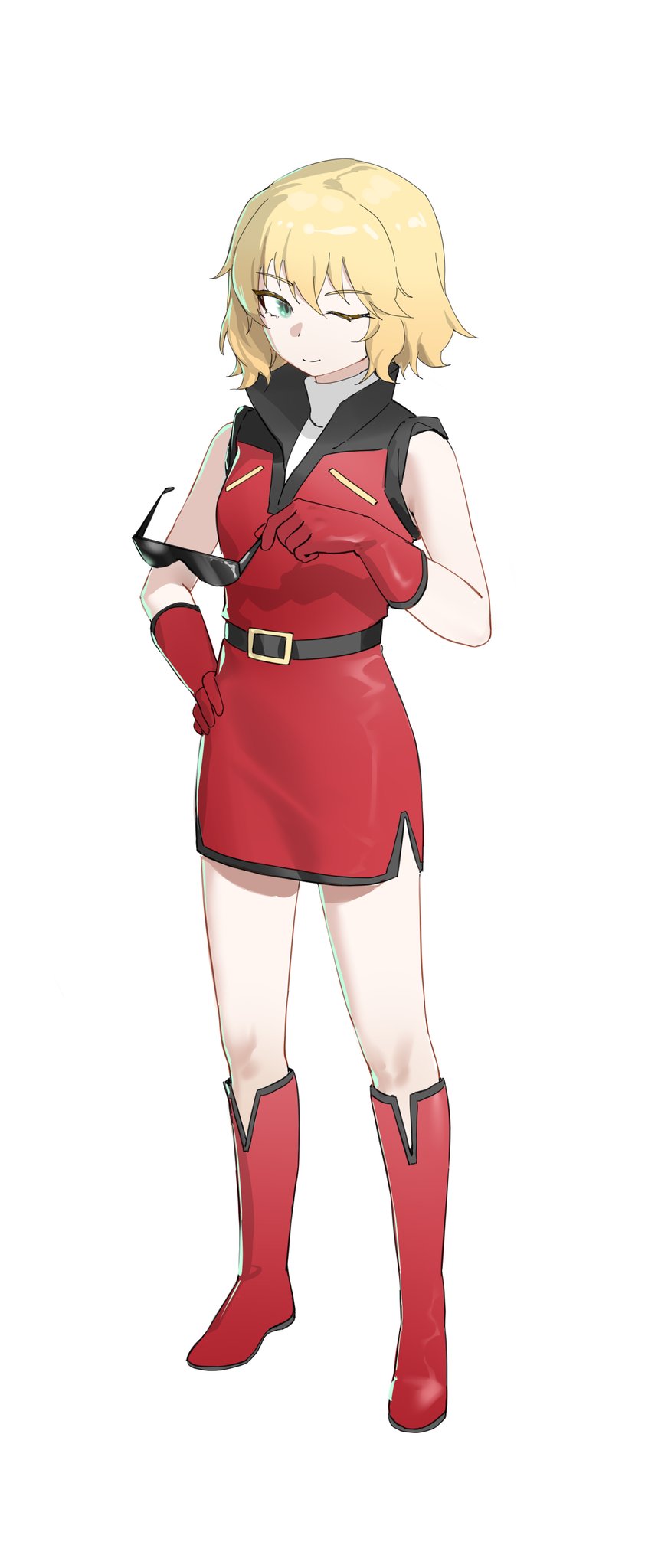 1girl, belt, blonde_hair, boogieleo5, boots, cosplay, dress, eyewear_removed, full_body, gloves, green_eyes, gundam, highres, idolmaster, idolmaster_cinderella_girls, one_eye_closed, quattro_vageena, quattro_vageena_(cosplay), red_dress, red_footwear, red_gloves, sakurai_momoka, short_hair, simple_background, smile, solo, sunglasses, white_background, zeta_gundam
