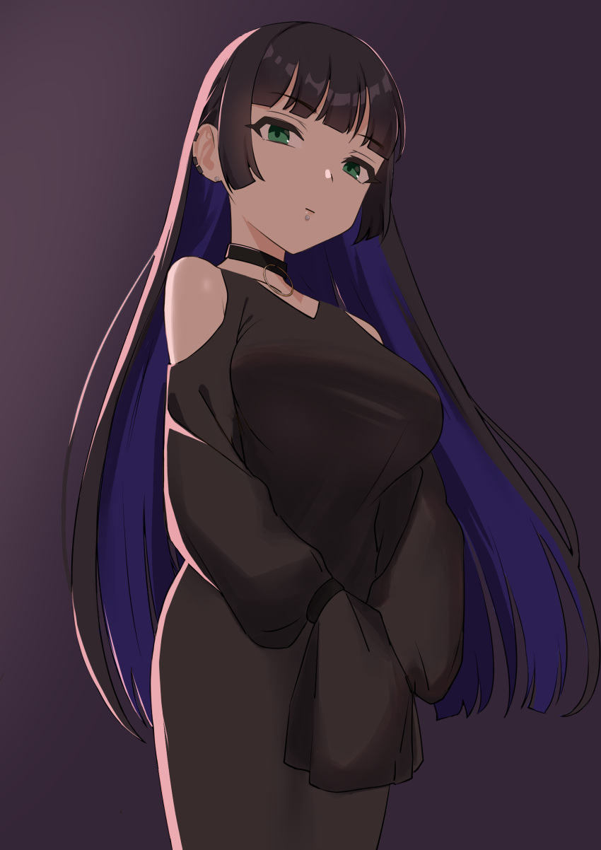 1girl, absurdres, black_choker, black_dress, black_hair, blue_hair, bocchi_the_rock!, chin_piercing