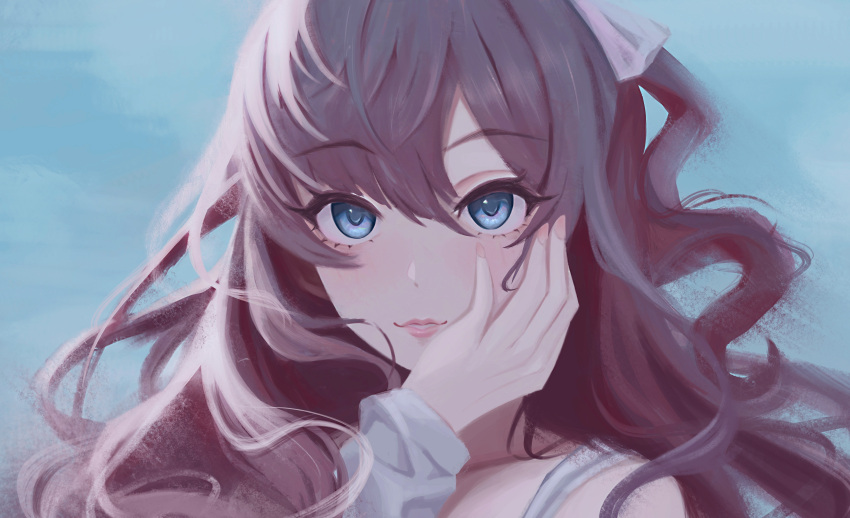 1girl, absurdres, blue_eyes, blush, hand_on_own_cheek, hand_on_own_face, highres, ichinose_shiki