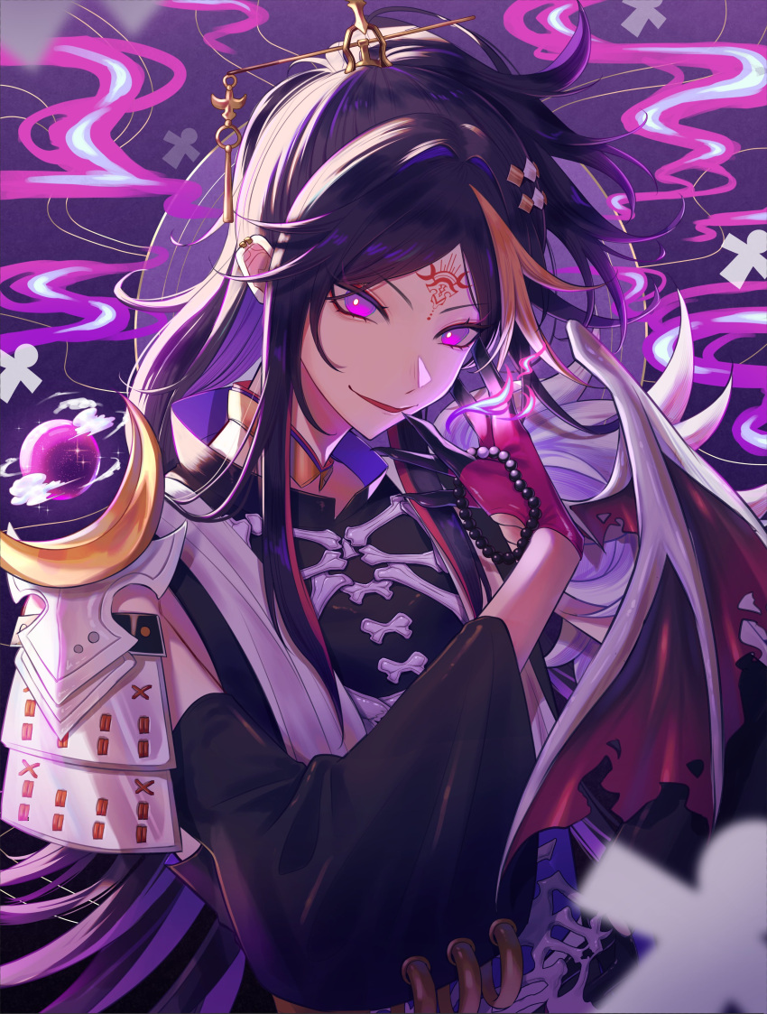 1boy, absurdres, armor, bead_bracelet, beads, black_gloves, black_hair, black_shirt