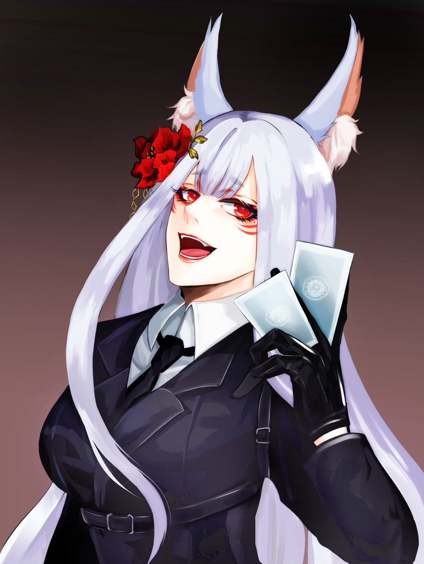 1girl, alternate_costume, animal_ear_fluff, belt, black_belt, black_gloves, black_jacket, black_necktie, breasts, card, english_commentary, flower, gloves, gradient_background, hair_flower, hair_ornament, head_tilt, highres, holding, holding_card, jacket, lameir, long_hair, looking_to_the_side, medium_breasts, necktie, nijisanji, nijisanji_en, nina_kosaka, official_alternate_hairstyle, open_mouth, red_eyes, red_flower, smile, solo, straight_hair, very_long_hair, virtual_youtuber