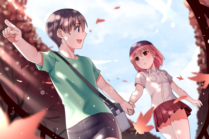 1boy, 1girl, aged_down, black_hair, blue_eyes, blush, elfen_lied, green_shirt, hat, highres, holding_hands, kouta, leaf, looking_at_another, lucy_(elfen_lied), medium_hair, open_mouth, pink_hair, red_eyes, shirt, short_hair, smile, wwwwww