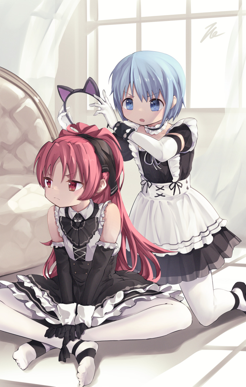 2girls, absurdres, alternate_costume, animal_ears, apron, black_bow, black_bowtie, black_dress