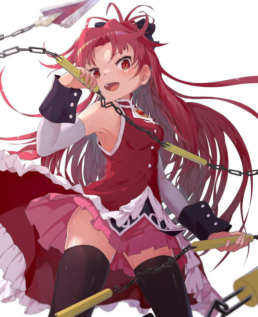 1girl, absurdres, bow, detached_sleeves, dress, fang, from_side, hair_bow