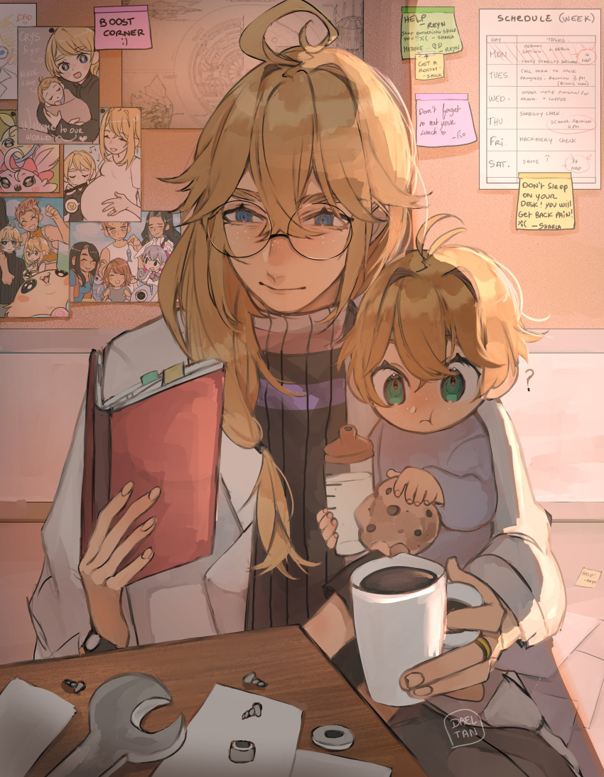 2boys, absurdres, aged_down, blonde_hair, book, bottle, coffee, coffee_mug, cookie, crys_(xenoblade), cup, dadeltan, dunban_(xenoblade), english_commentary, english_text, father_and_son, fiora_(xenoblade), fish, food, glasses, hair_between_eyes, highres, holding, holding_book, juju_(xenoblade), kino_(xenoblade), lab_coat, male_child, melia_antiqua, milk_bottle, mug, multiple_boys, nene_(xenoblade), office, photo_(object), pregnant, reyn_(xenoblade), riki_(xenoblade), schedule, sharla_(xenoblade), sticky_note, sweater, turtleneck, turtleneck_sweater, xenoblade_chronicles_(series), xenoblade_chronicles_3, xenoblade_chronicles_3:_future_redeemed