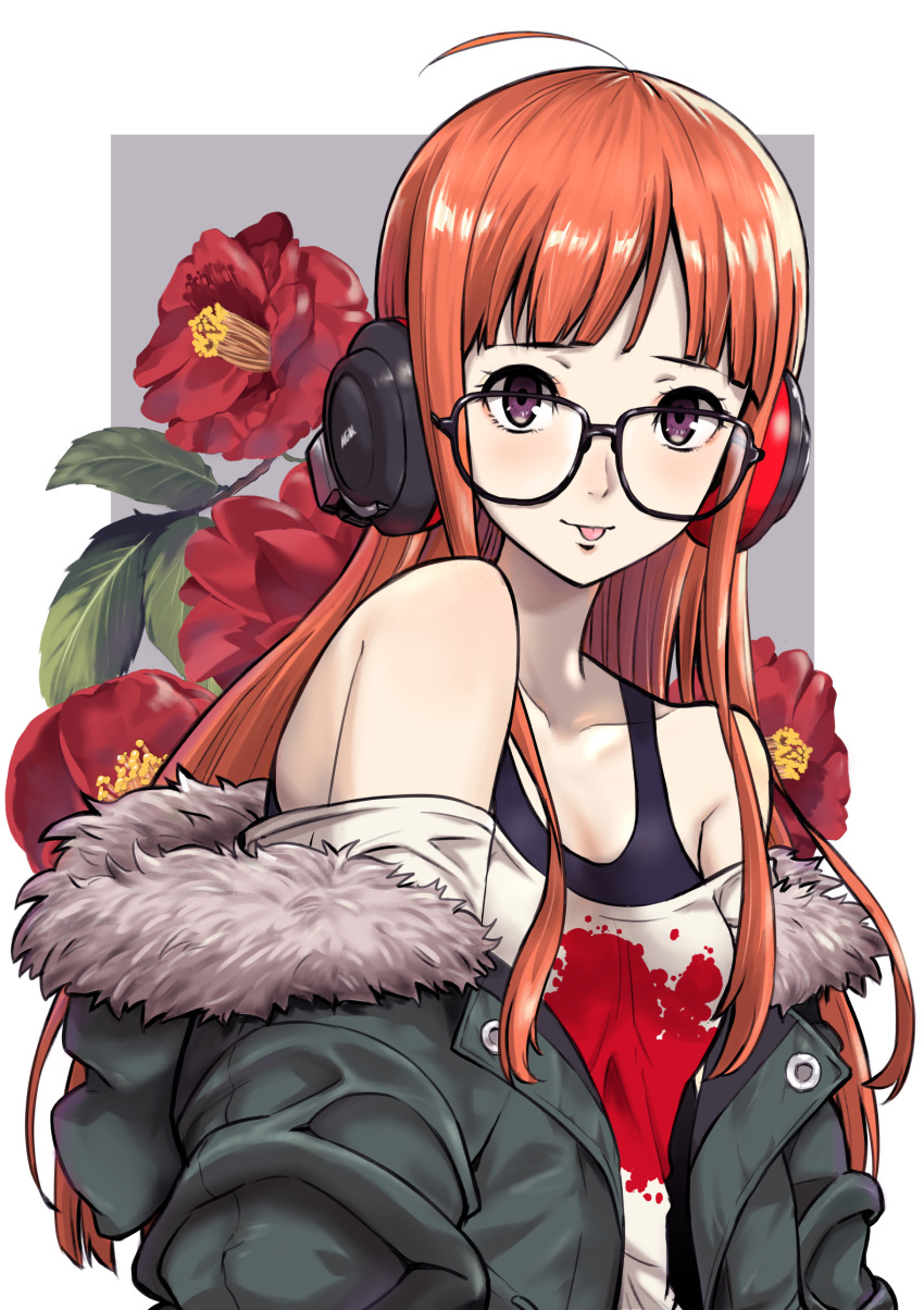 1girl, :p, absurdres, ahoge, bare_shoulders, behind-the-head_headphones, blunt_bangs, border
