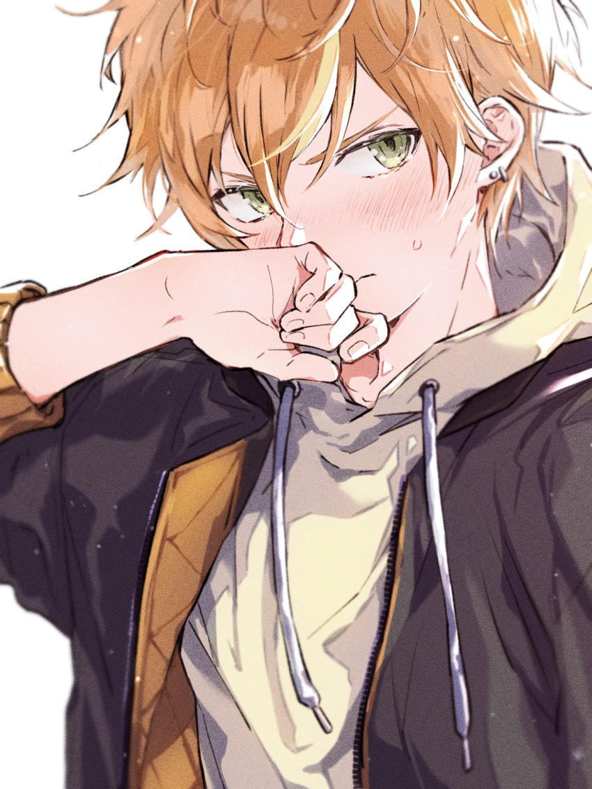 1boy, blonde_hair, blush, commentary_request, covering_mouth, drawstring, earrings, green_eyes, hair_between_eyes, highres, hood, hood_down, hoodie, jacket_over_hoodie, jewelry, kuuu_ilst, long_sleeves, male_focus, multicolored_hair, orange_hair, project_sekai, shinonome_akito, short_hair, sideways_glance, simple_background, sleeves_past_elbows, solo, streaked_hair, upper_body, white_background, yellow_hoodie