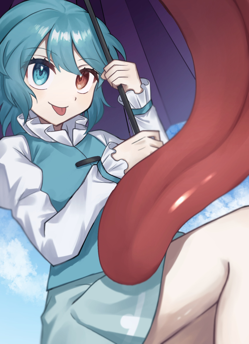 1girl, :p, blue_eyes, blue_hair, blue_sky, blue_vest, clouds, double-parted_bangs
