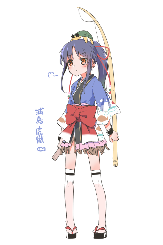 1girl, =3, animal_on_head, blue_hair, blue_kimono, fishing_rod, full_body, holding