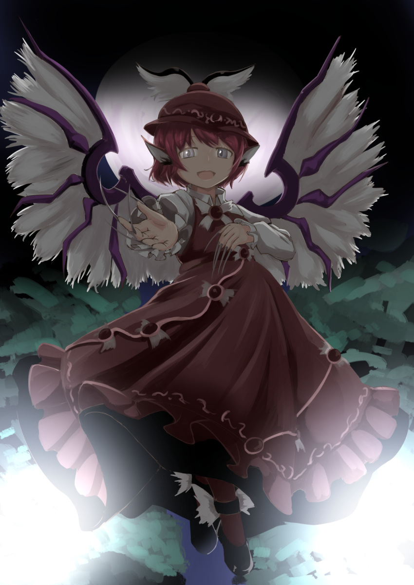 1girl, animal_ears, bird_ears, bird_wings, black_footwear, brown_dress, brown_headwear, brown_thighhighs