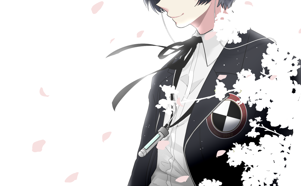 1boy, b-ko_(1214920), black_ribbon, blue_hair, branch, collared_shirt, earbuds_around_neck, falling_petals