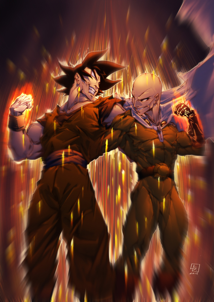 2boys, abs, absurdres, artist_name, bald, black_hair, bodysuit, cape, clenched_hand, crossover, dougi, dragon_ball, glint, gloves, highres, looking_at_another, luis_figueiredo, male_focus, multiple_boys, muscular, one-punch_man, orange_pants, orange_robe, orange_shirt, pants, robe, saitama_(one-punch_man), shirt, short_sleeves, signature, smile, son_goku, spiky_hair, standing, teeth, white_cape, yellow_bodysuit